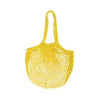 A yellow mesh grocery bag with two handles, featuring an open weave design.