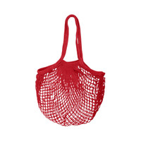A red mesh grocery bag with two handles, featuring an open weave design.