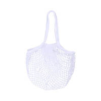 A white mesh grocery bag with two handles, featuring an open, net-like design.