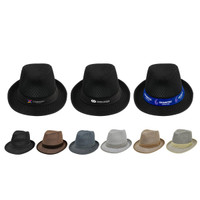 A collection of breathable mesh top hats in various colours, including black, brown, grey, and beige, featuring logos.