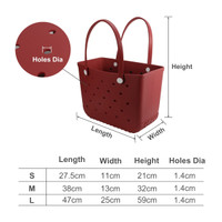 A red EVA beach bag with holes, featuring two straps and dimensions provided in a table format.