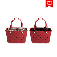 A red EVA holes beach bag with grey and black interiors, featuring two handles and a logo on the side.