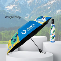 A light mini auto umbrella in blue, yellow, and green patterns, featuring a logo and a compact design.