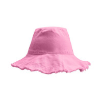 A pink raw edge bucket hat with a frayed brim, featuring a logo on the side.