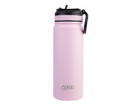 A drink bottle in a pastel pink colour with a black lid and a handle, featuring a logo on the side.