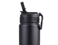A drink bottle in matte black with a spout and a carrying handle; features a logo on the side.