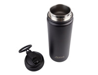 A drink bottle in matte black with a removable spout lid and a stainless steel inner lining. Features a logo.