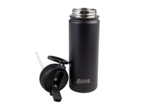 A drink bottle in black with a vacuum-insulated body and a detachable spout lid. Features a logo.