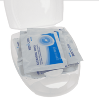 A white portable first aid kit with packets of cleansing wipes inside. It has a simple design and a branded logo.