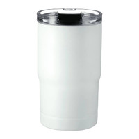 A drink bottle in white with a clear lid and a logo, designed as a vacuum tumbler and cooler.