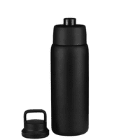 A drink bottle in matte black, featuring a screw-on lid and a handle. Includes a separate lid.