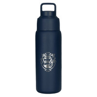 A drink bottle in dark blue featuring a logo and a matte finish, designed for keeping drinks hot or cold.