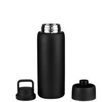 A drink bottle in matte black, featuring a stainless steel interior and two interchangeable caps. It includes a logo.