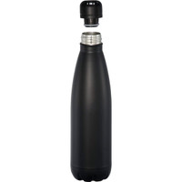 A drink bottle in matte black with a removable cap, featuring an insulated design for temperature retention.