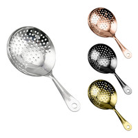 A cocktail strainer featuring four variations in silver, copper, black, and gold finishes, with a perforated design and a handle.