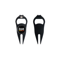 A black golf divot tool featuring a ball marker and bottle opener, with a logo on one side.