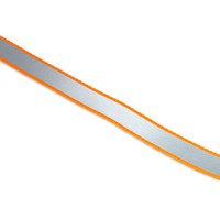 A printed dog lead featuring a silver centre with orange edges, showcasing a sleek design and a branding logo.