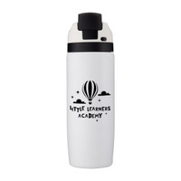 A drink bottle in white with a black lid and a branding design featuring a hot air balloon.