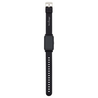 A slim black smart watch with a rectangular face and adjustable strap. It features a logo on the band.