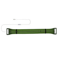 A foldable camp light in green, featuring a charging cable and a sleek, elongated design.