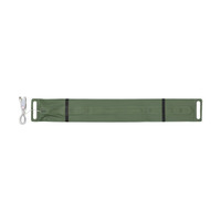 A long, olive green foldable camp light with a power cable attached. It features two handle openings.