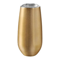A drink bottle in gold with a sleek design and transparent top, featuring a logo. Suitable for beverages.