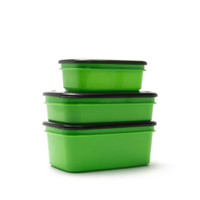 Stacked green food storage containers with black lids.