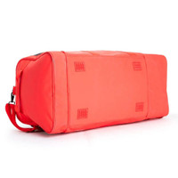 Bright red sports duffel bag with durable strap and reinforced base.