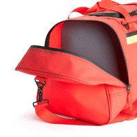 Red duffel bag with open zipper and adjustable strap.
