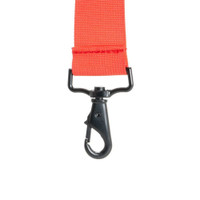 Red lanyard with black metal swivel hook clasp.