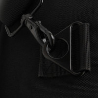 Black carabiner clip on durable fabric bag strap close-up.