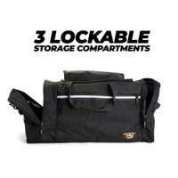 Black travel bag with three lockable storage compartments displayed against a white background.
