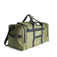 Green duffel bag with black straps, multiple compartments, ideal for travel.