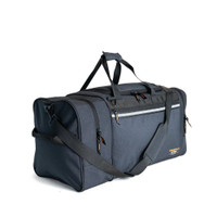 Large black duffel bag with shoulder strap and multiple compartments.