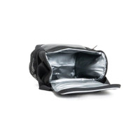 Open black insulated cooler bag with metallic interior for travel or picnics.