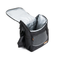 Insulated black cooler bag with open lid and side pockets.