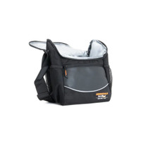 Black insulated cooler bag with shoulder strap and multiple compartments.