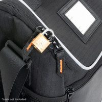Black cooler bag with secure lock attachment and ID tag slot.