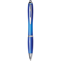 A blue ballpoint pen with a clear barrel and silver accents, featuring a logo.
