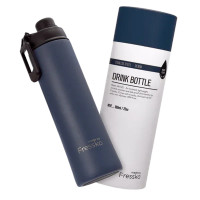 A drink bottle with a dark navy stainless steel body and a black cap, packaged with a cylindrical container.
