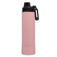 A drink bottle made of stainless steel, featuring a pink exterior and a black lid with a logo.