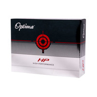 A box of Optima HP golf balls featuring a black and white design with red accents and a logo.