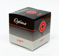 A black and grey box containing Optima HP Golf Balls, featuring a logo and red target design.