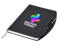 A black A5 notebook featuring a curved cover and a logo, with a pen attached.