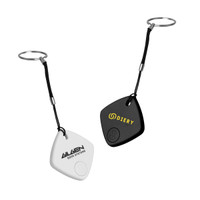 A white and black smart tag with keyrings, featuring a small logo on each tag.
