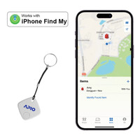 A Locator Smart Tag in white with a keyring, beside a smartphone displaying a map interface.