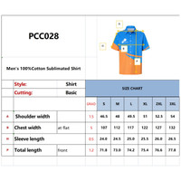 A men's button-up shirt made of 100% cotton, featuring blue and orange colours, with a logo displayed.