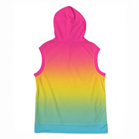 A sleeveless hoodie featuring a vibrant gradient from pink to yellow to blue, with a hood and a pocket.