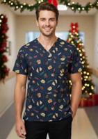 A navy unisex Christmas scrub top featuring festive patterns, worn by a smiling male model. Decorated with Christmas-themed illustrations.