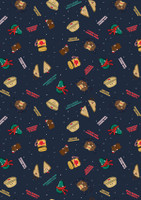 A unisex Christmas scrub top featuring a playful pattern of festive items in a navy blue background with various colours.